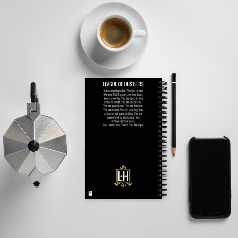 Black Spiral Notepad with League of Hustlers Logo and Dot Grid Layout