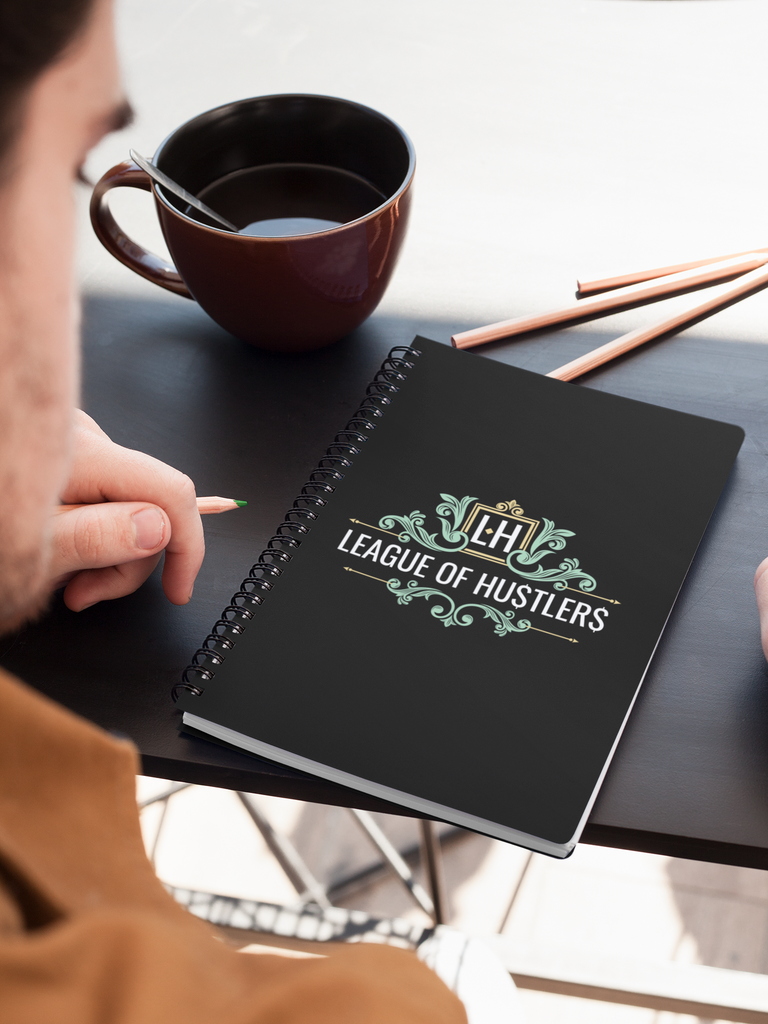 Black Spiral Notepad with League of Hustlers Logo and Dot Grid Layout