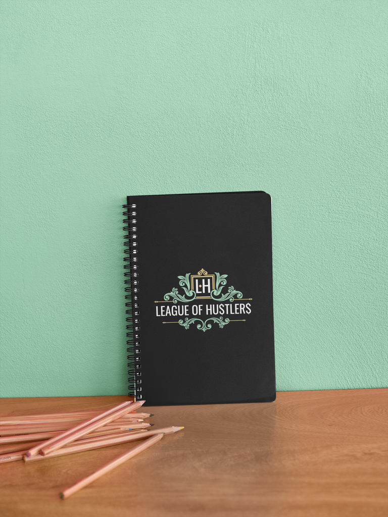 Black Spiral Notepad with League of Hustlers Logo and Dot Grid Layout