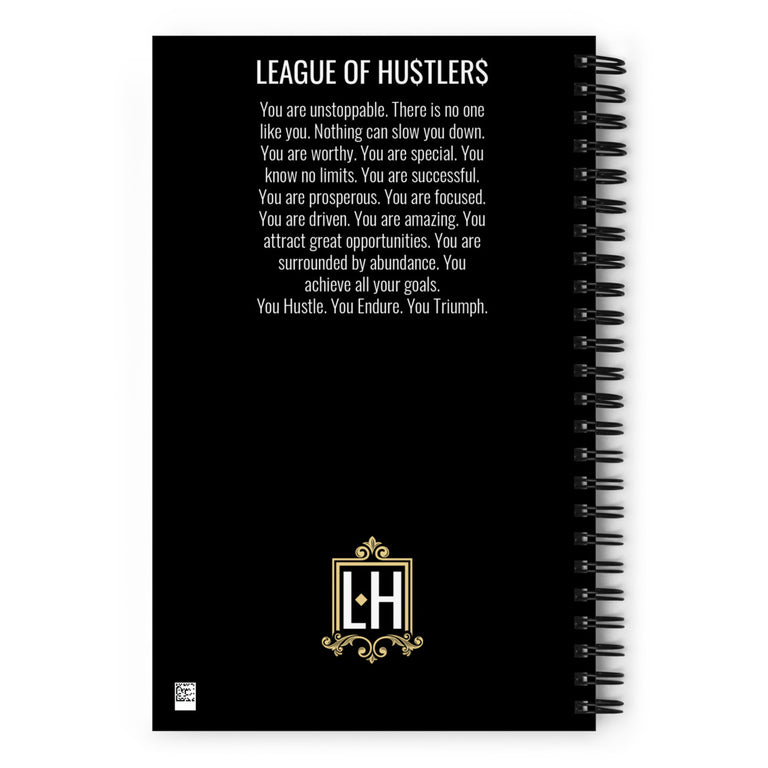 Black Spiral Notepad with League of Hustlers Logo and Dot Grid Layout